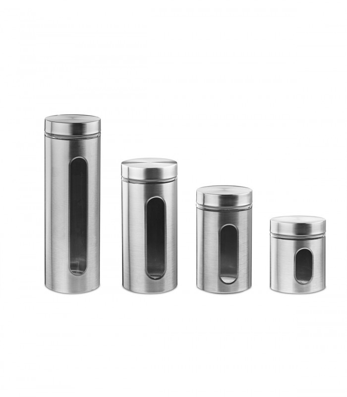 Set 4 recipiente  cu fereastra vizualizare , pentru depozitare  paste/cereale, Inox,  500/700/800/1200 g