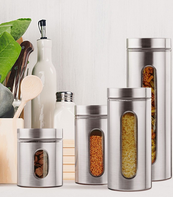 Set 4 recipiente  cu fereastra vizualizare , pentru depozitare  paste/cereale, Inox,  500/700/800/1200 g