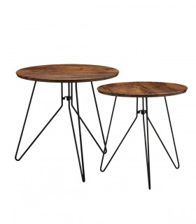 Set 2 masute cafea,  Design vintage, Cadru  sustinere metal,  blat  MDF, Maro/Negru, H 48 cm si H 40 cm