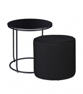 Masuta  rotunda  pentru cafea cu taburet  tapitat inclus, Cadru metal, Blat sticla, Negru,  H 40 cm