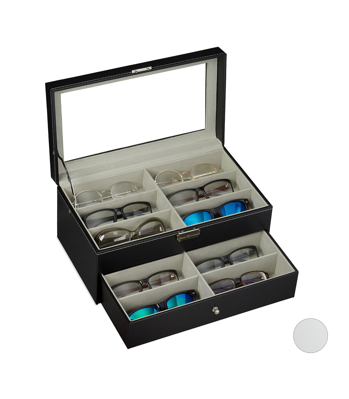 Cutie pentru ochelari, 12 compartimente captusite cu catifea, capac sticla transparent, piele ecologica, negr