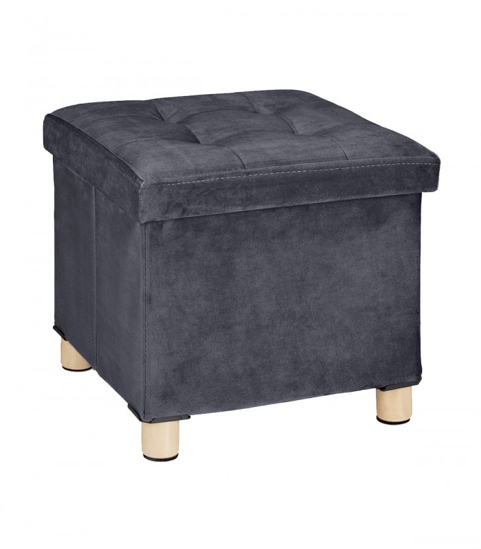 Taburet cu spatiu depozitare, Picioruse lemn, Catifea, Gri inchis, 35 x 38 x 38 cm, Max. 80 kg