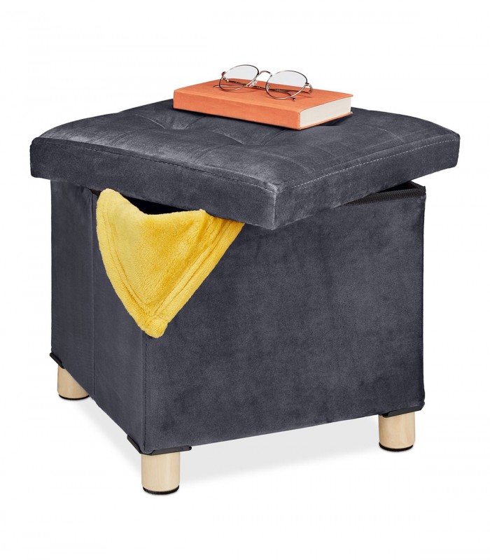 Taburet cu spatiu depozitare, Picioruse lemn, Catifea, Gri inchis, 35 x 38 x 38 cm, Max. 80 kg