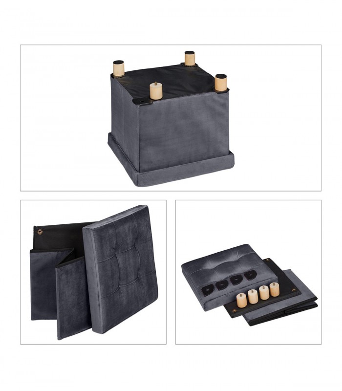 Taburet cu spatiu depozitare, Picioruse lemn, Catifea, Gri inchis, 35 x 38 x 38 cm, Max. 80 kg