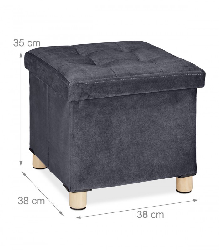 Taburet cu spatiu depozitare, Picioruse lemn, Catifea, Gri inchis, 35 x 38 x 38 cm, Max. 80 kg