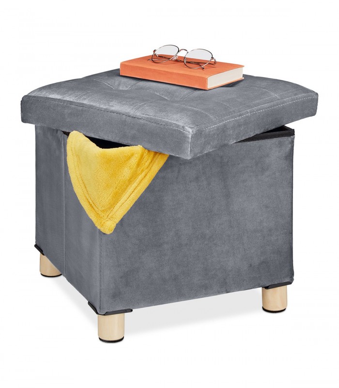 Taburet cu spatiu depozitare, Picioruse lemn, Catifea, Gri deschis, 35 x 38 x 38 cm, Max. 80 kg