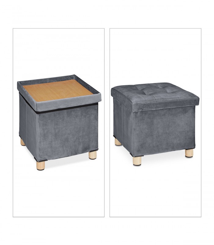 Taburet cu spatiu depozitare, Picioruse lemn, Catifea, Gri deschis, 35 x 38 x 38 cm, Max. 80 kg