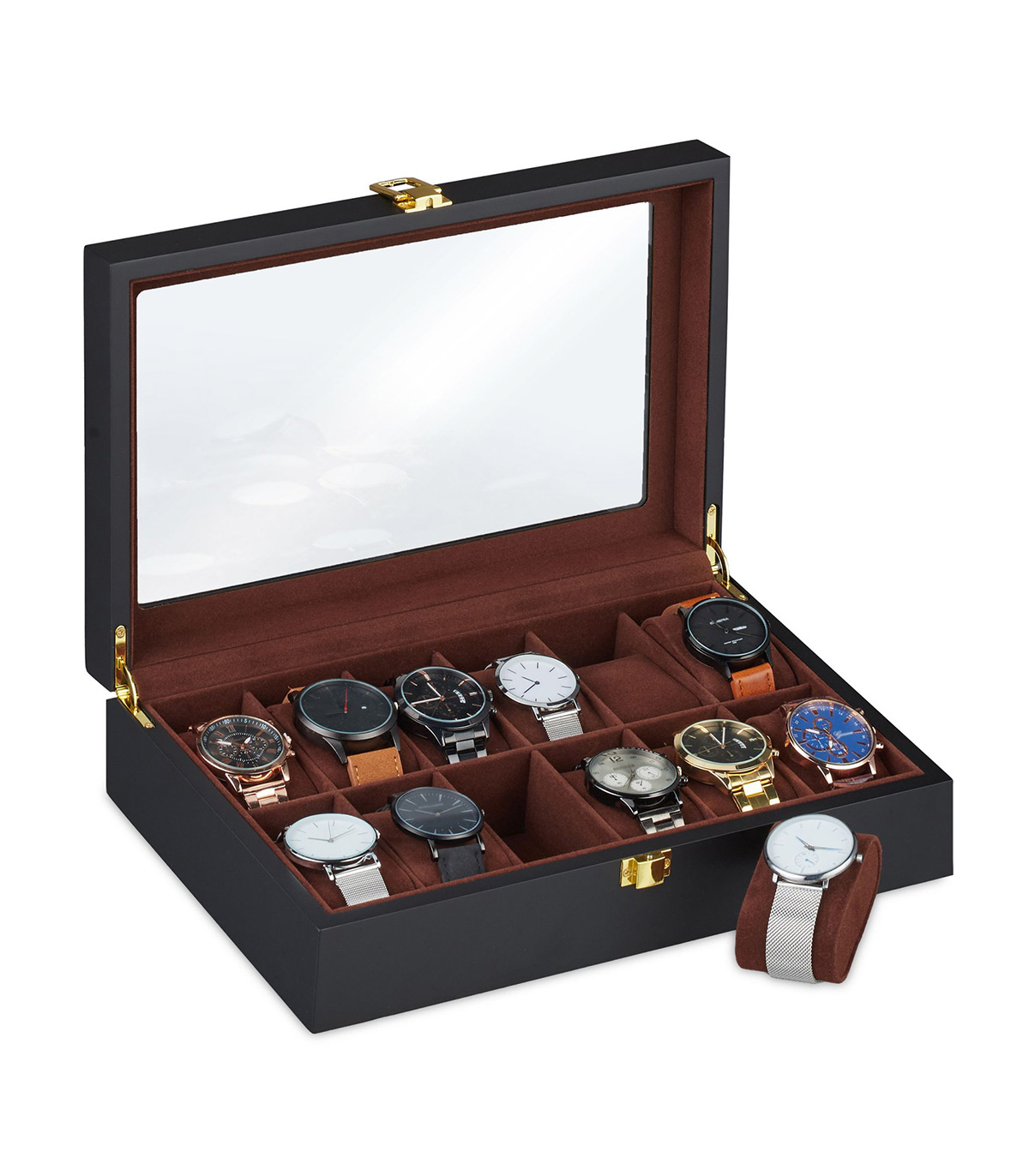 Cutie organizare ceasuri, 12 compartimente, captuseala catifea, capac sticla, lemn, negru, 8,5 x 21 x 31.5 cm