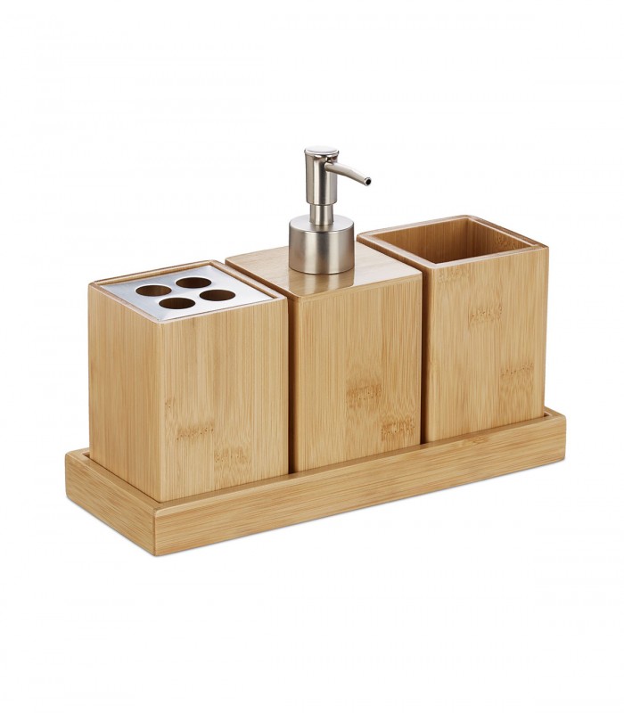 Set accesorii baie  cu tavita, 3 piese- include dozator sapun,  Bambus, Natur