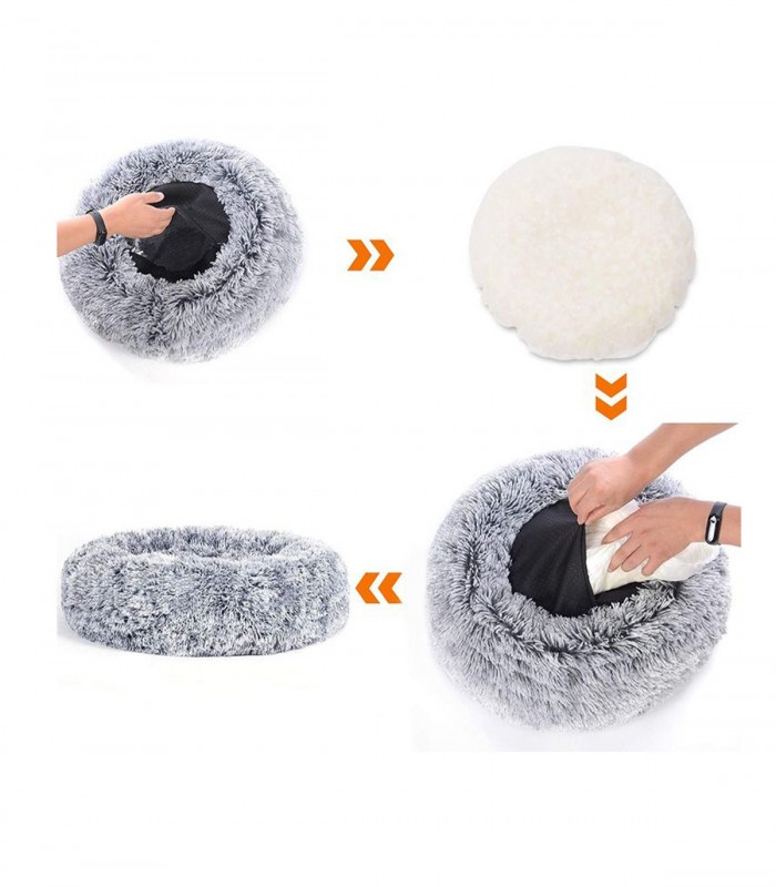 Pat lavabil rotund pentru caini talie mica/ pisici, rotund, antialunecare, diametru 60 cm, gri deschis