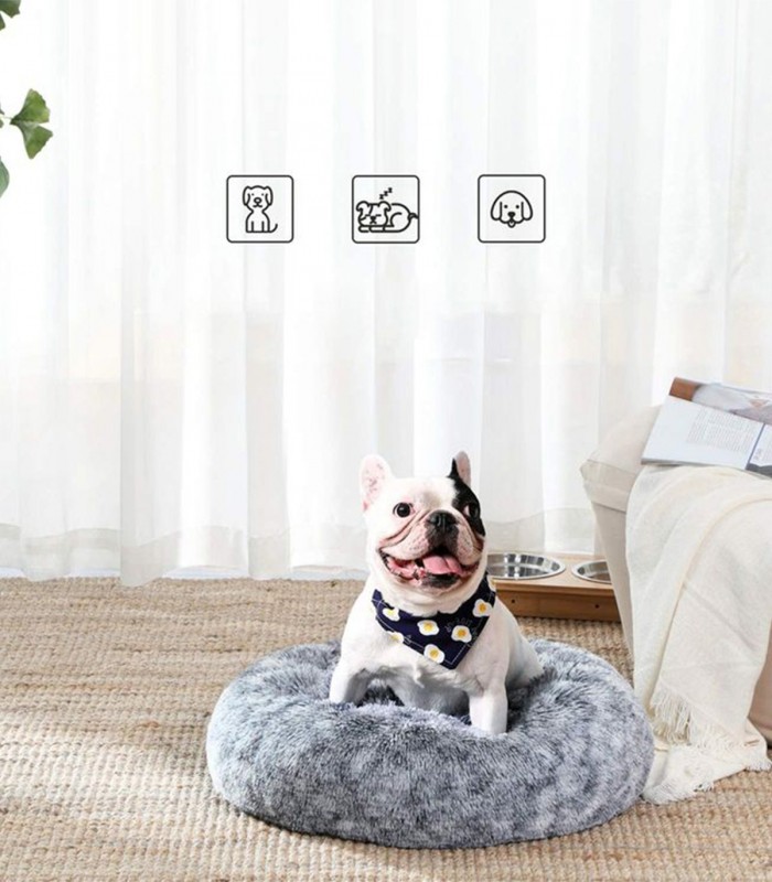 Pat lavabil rotund pentru caini talie mica/ pisici, rotund, antialunecare, diametru 60 cm, gri deschis