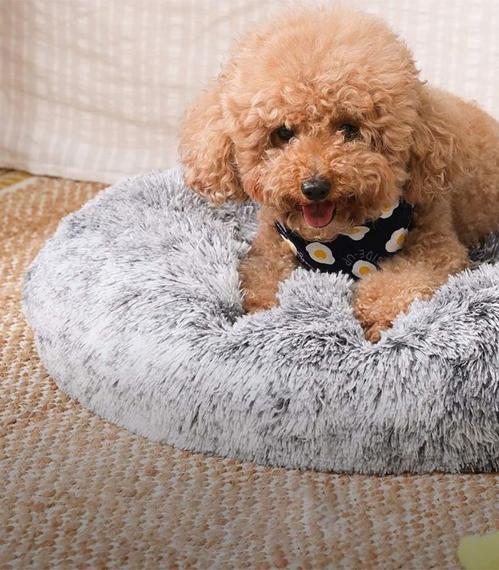 Pat lavabil rotund pentru caini talie mica/ pisici, rotund, antialunecare, diametru 60 cm, gri deschis