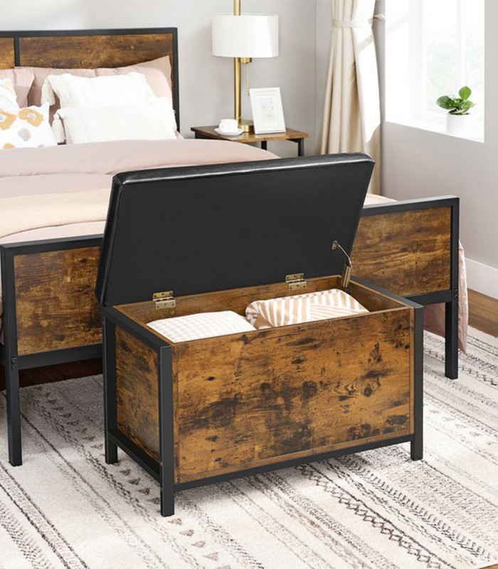 Cufar depozitare cu capac tapitat, design industrial, 80 x 40 x 50 cm