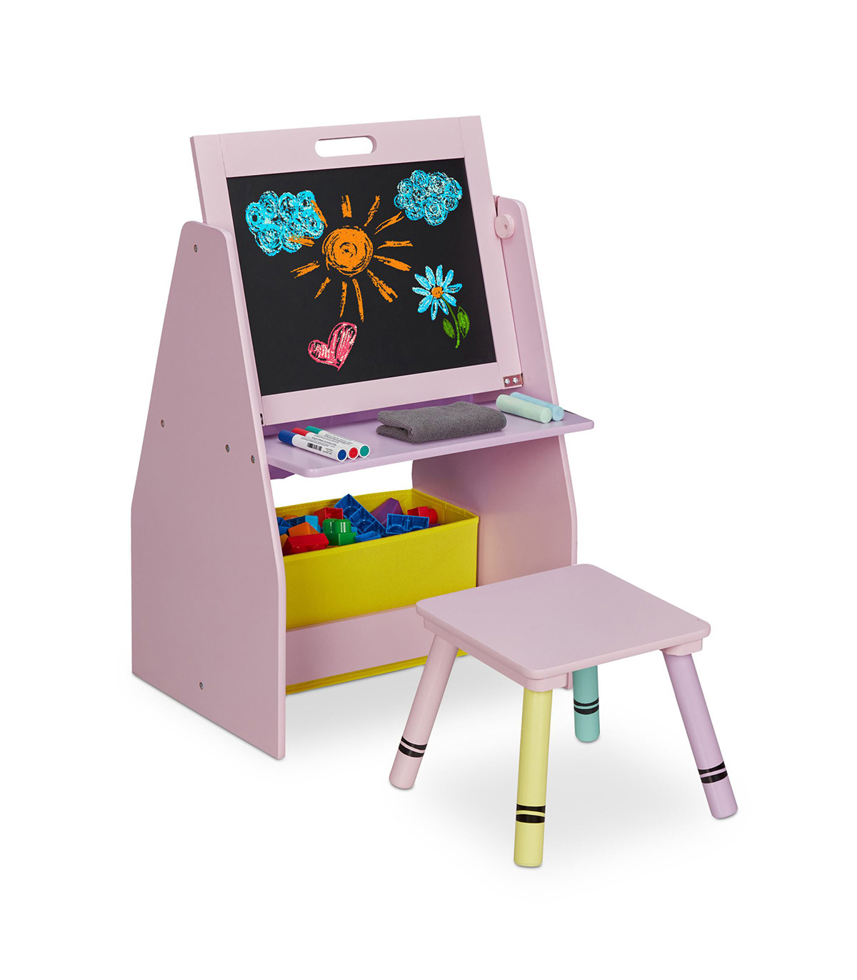 Raft depozitare camera copiilor cu tabla pentru desenat, scaunel inclus, lemn, lila