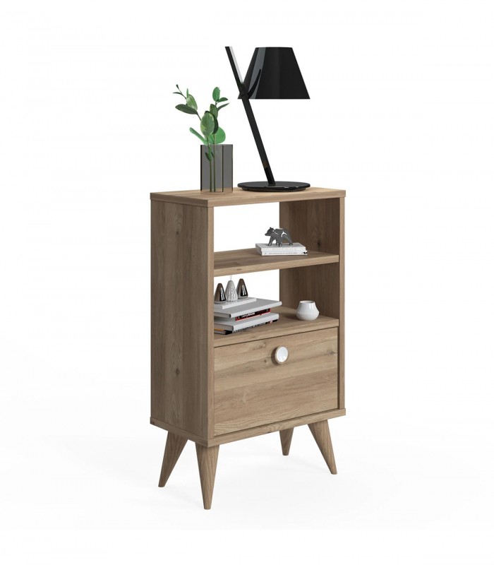 Noptiera inalta Vega cu Raft, Stejar, 45 x 25 x 74 cm