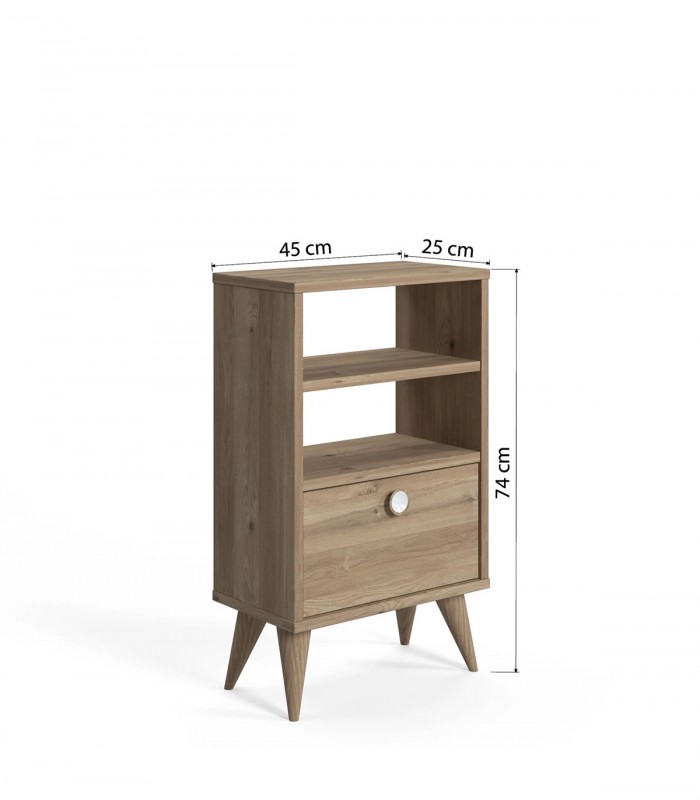 Noptiera inalta Vega cu Raft, Stejar, 45 x 25 x 74 cm