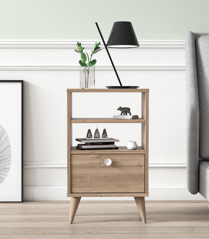 Noptiera inalta Vega cu Raft, Stejar, 45 x 25 x 74 cm