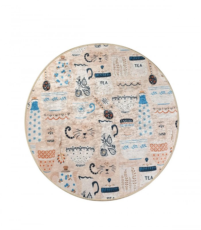 Covor de bucatarie Cafea Cat Decorativa , Bej, anti-alunecare, lavabil Ø 100 cm