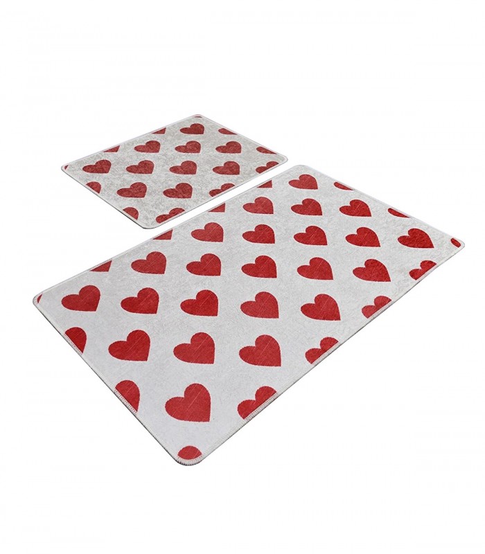 Set 2 Covorase baie Corazon, 60 x 100 cm, 50 x 60 cm, Antiderapant, Alb/Rosu