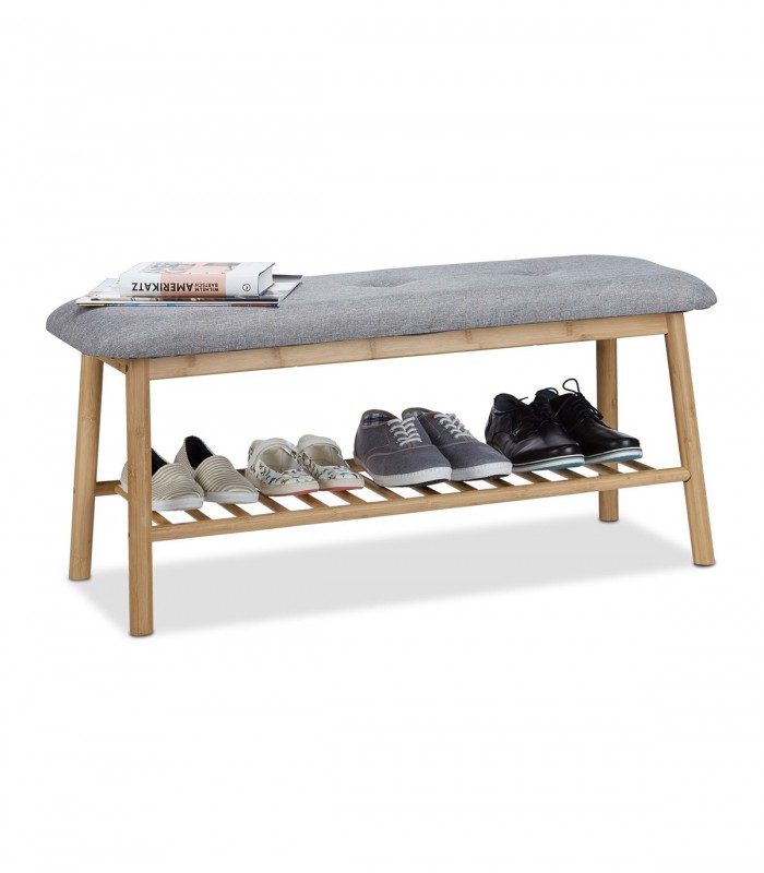 Banca tapitata cu structura de bambus si suport pentru pantofi