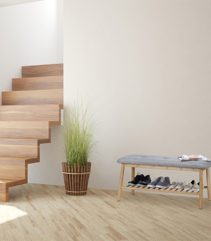 Banca tapitata cu structura de bambus si suport pentru pantofi