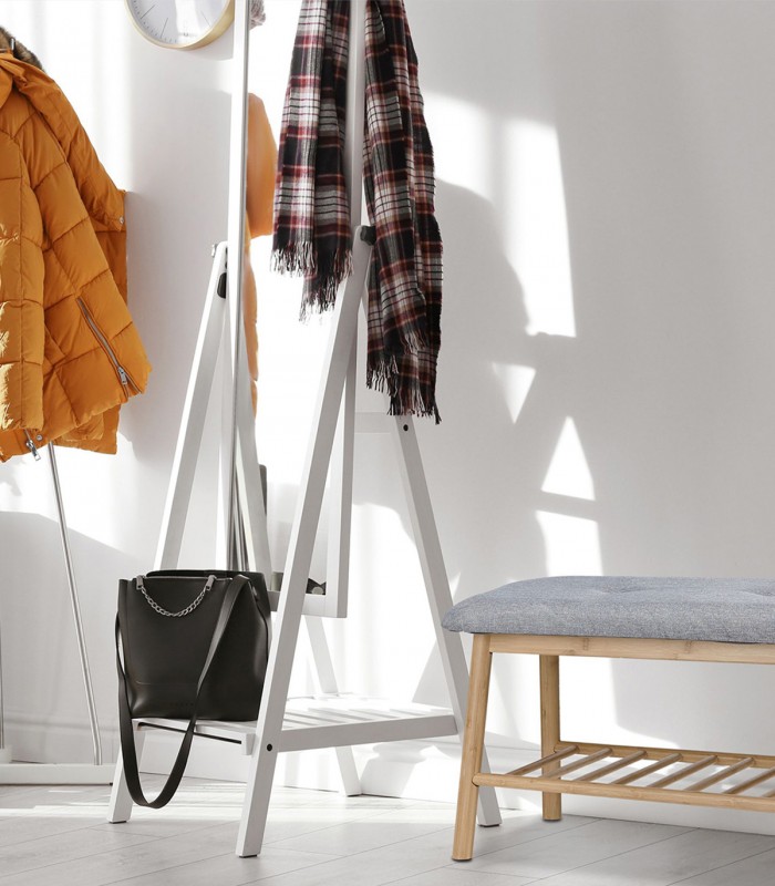 Banca tapitata cu structura de bambus si suport pentru pantofi