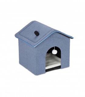 Casuta pentru pisici cu culcus, pliabila, material moale,  albastru