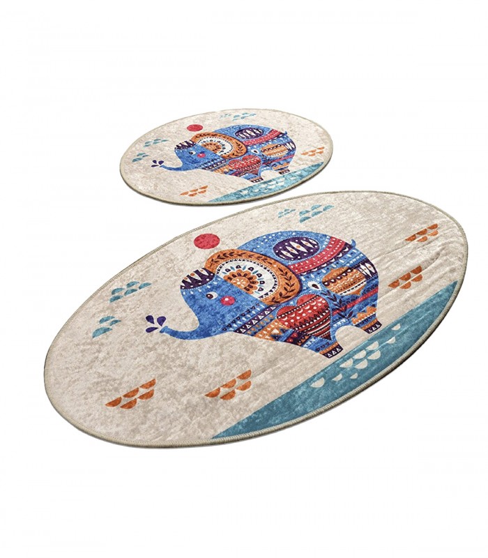 Set 2 Covorase baie Etnic Oval, 60 x 100 cm, 50 x 60 cm, Antiderapant, Multicolor