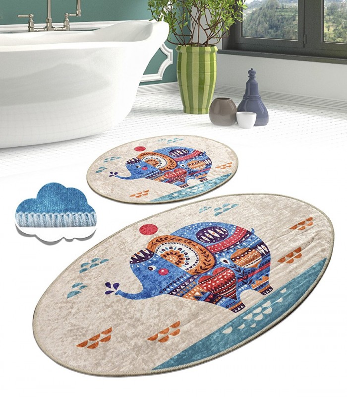 Set 2 Covorase baie Etnic Oval, 60 x 100 cm, 50 x 60 cm, Antiderapant, Multicolor