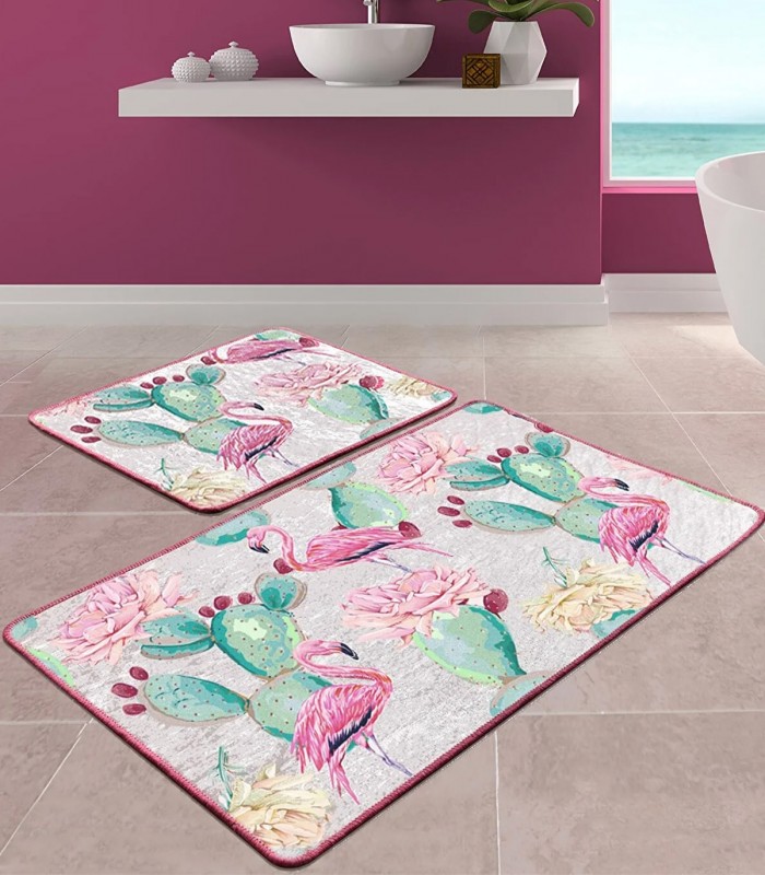 Set 2 Covorase baie Flamenco, 60 x 100 cm, 50 x 60 cm, Antiderapant, Multicolor