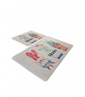 Set 2 Covorase baie Happy Cactus, 60 x 100 cm, 50 x 60 cm, Antiderapant, Ecru