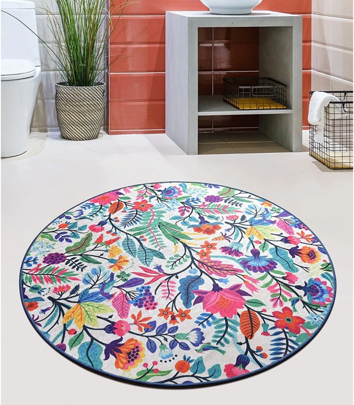 Covor rotund pentru baie Pictura, 100 cm, Antiderapant, Ecru