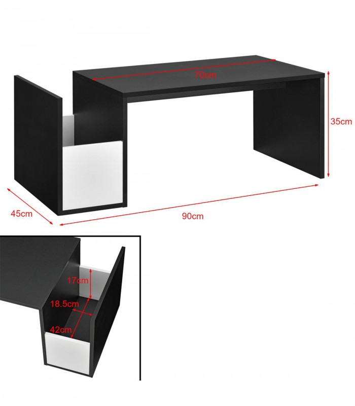 Masuta cafea cu suport pentru reviste,  90x45x35 cm, PAL melaminat, Negru/alb
