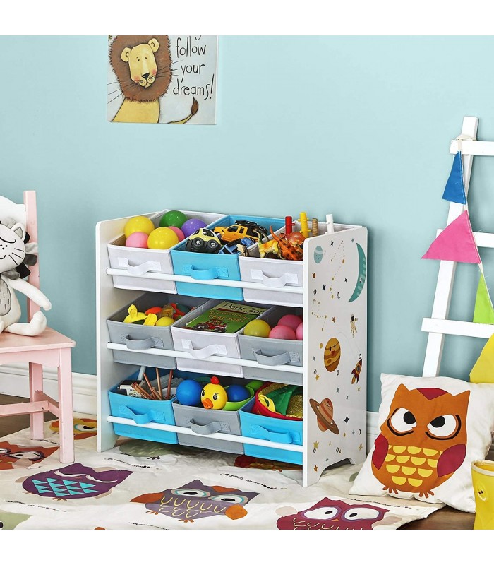 Raft depozitare pentru copii pentru jucarii si carti, 9 cutii din fleece cu manere, Alb-Multicolor