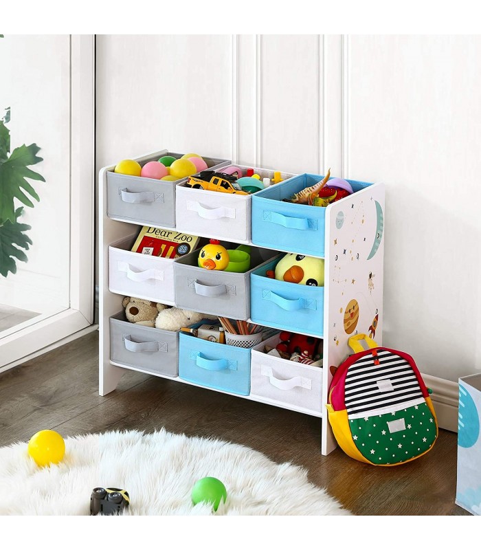 Raft depozitare pentru copii pentru jucarii si carti, 9 cutii din fleece cu manere, Alb-Multicolor