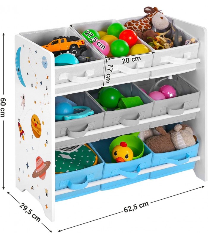 Raft depozitare pentru copii pentru jucarii si carti, 9 cutii din fleece cu manere, Alb-Multicolor