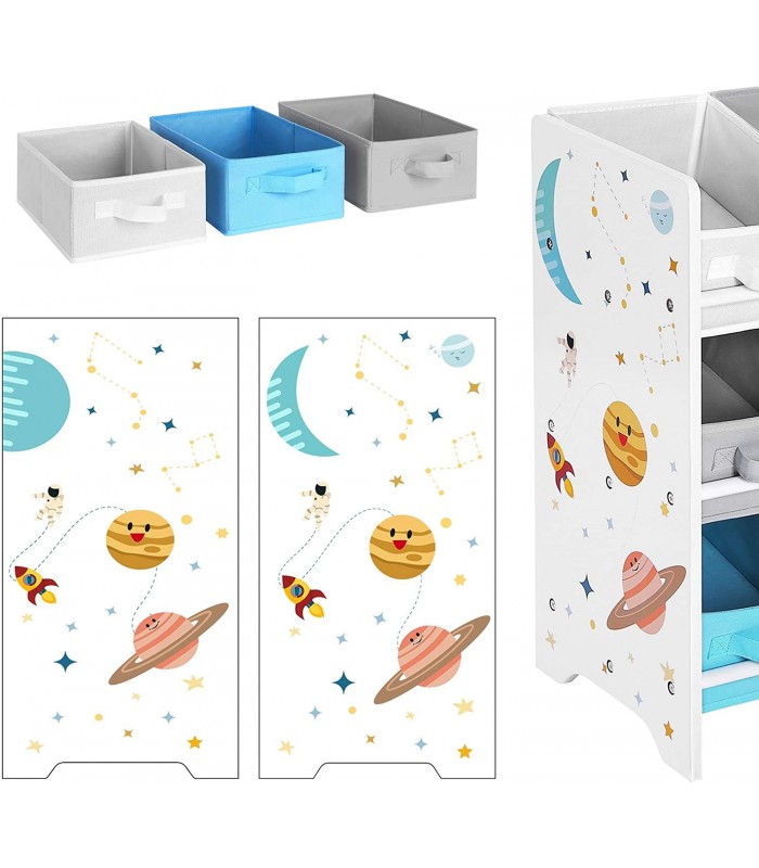 Raft depozitare pentru copii pentru jucarii si carti, 9 cutii din fleece cu manere, Alb-Multicolor