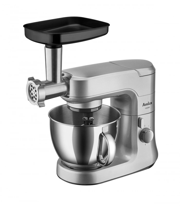 Robot de bucatarie Amica KML 6011, 1000W, bol inox 4.5L, 1.8 kg, 8 trepte de viteza, functie pulse, 5 accesorii, argintiu