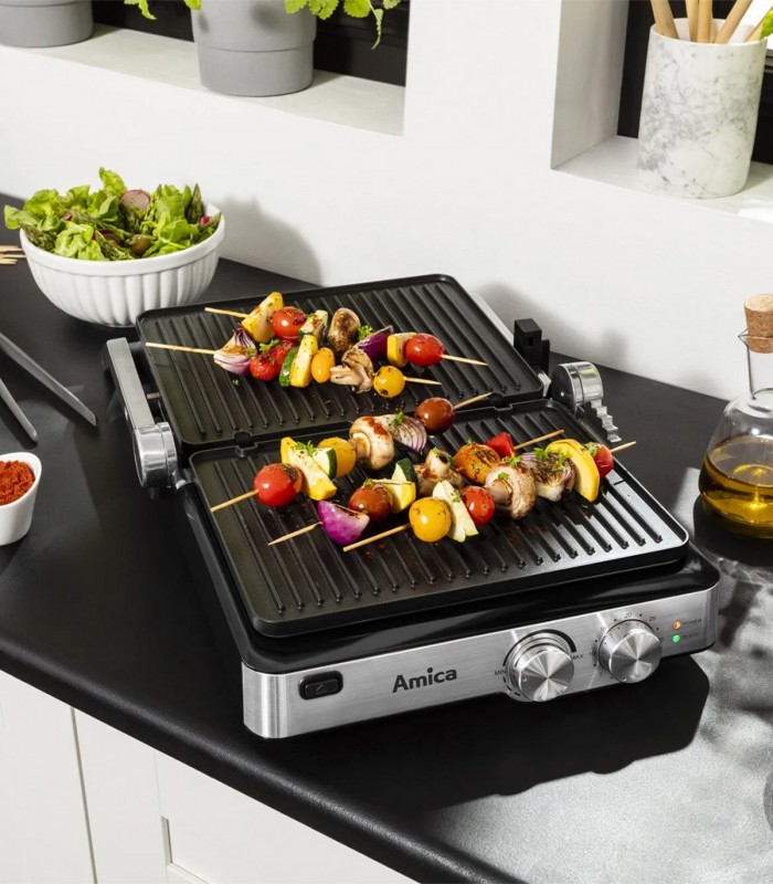 Gratar electric Amica GK 4011, 2000 W, placi detasabile, reglare manuala, Inox