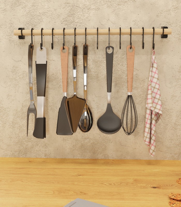 Cuier de perete din lemn de pin cu 12 agatatori, lungime bara 59 cm