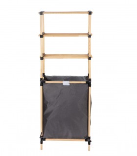 Raft modular cu 3 polite si cos pentru rufe  textil,  lemn de pin natur, 56 x 28 x 141 cm