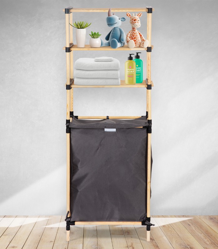 Raft modular cu 3 polite si cos pentru rufe  textil,  lemn de pin natur, 56 x 28 x 141 cm