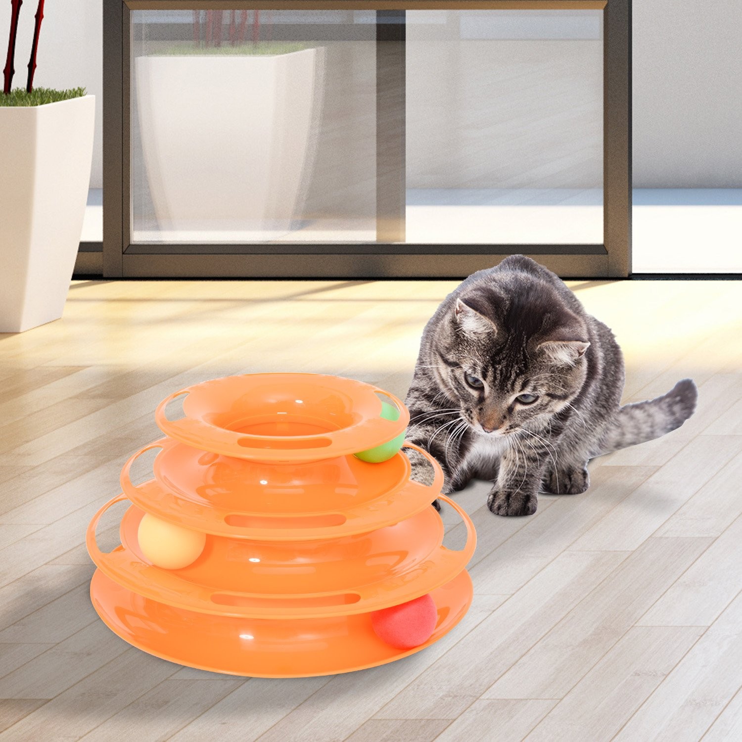 Jucarie pisici cu circuit si minge, Plastic, Portocaliu circuit pret redus imagine 2022 3