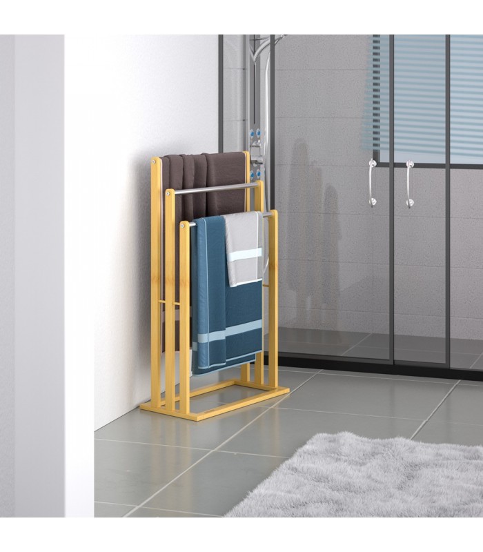 Suport de prosoape, Bambus, 3 bare, Otel inoxidabil