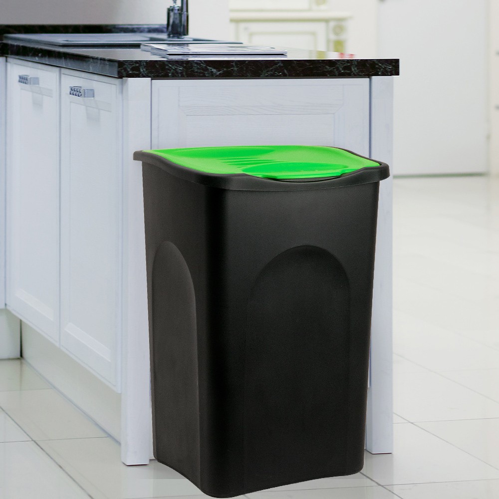 Cos de gunoi cu capac, Plastic, Negru+Verde, 50 L Bucatarie pret redus imagine 2022 3