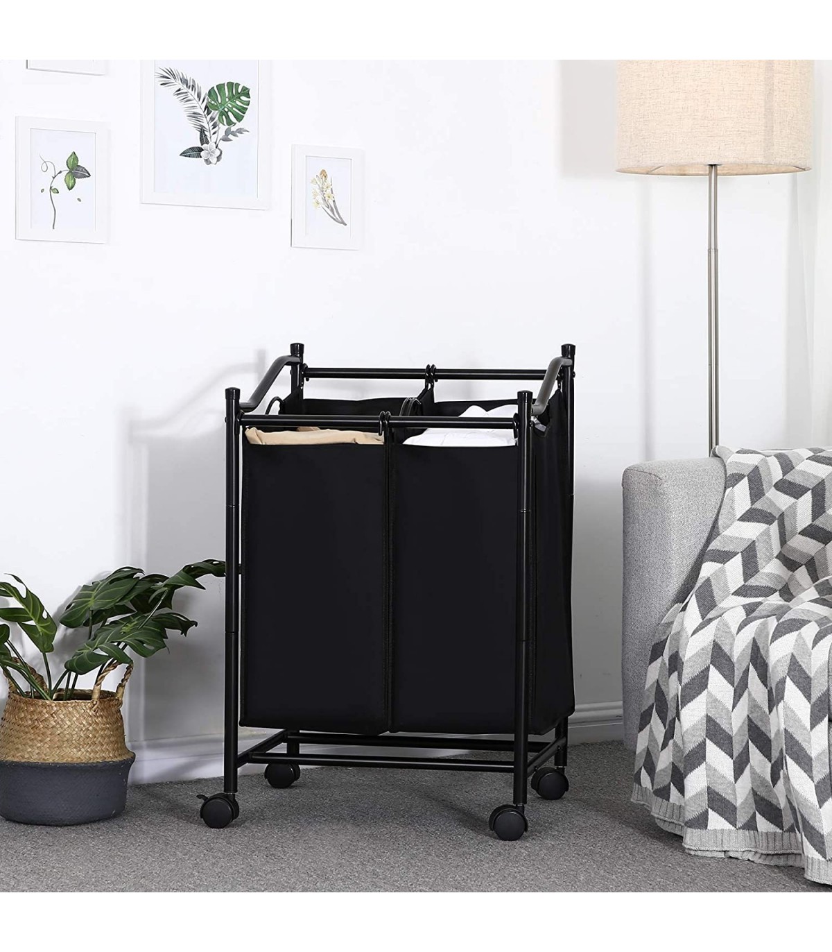 Cos pentru rufe cu 3 compartimente, Negru, 3 x 44 L