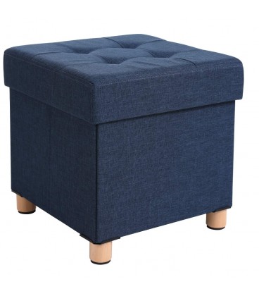 Taburet tapitat cu spatiu depozitare si picioare din lemn masiv, Pliabil, Bleumarin, 38x38x40 cm