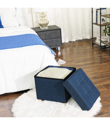 Taburet tapitat cu spatiu depozitare si picioare din lemn masiv, Pliabil, Bleumarin, 38x38x40 cm