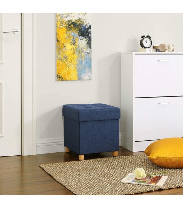 Taburet tapitat cu spatiu depozitare si picioare din lemn masiv, Pliabil, Bleumarin, 38x38x40 cm
