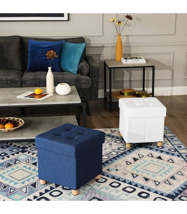 Taburet tapitat cu spatiu depozitare si picioare din lemn masiv, Pliabil, Bleumarin, 38x38x40 cm